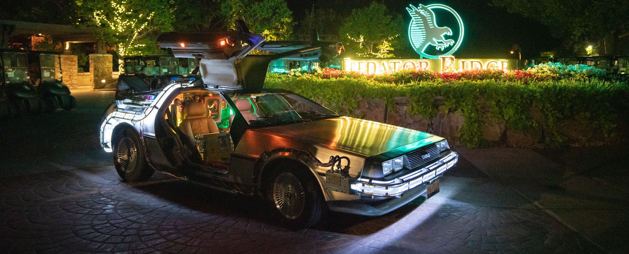 DeLorean 'Time Machine' replica exterior: time bands lit up at night, and a case of plutonium in the passenger seat.