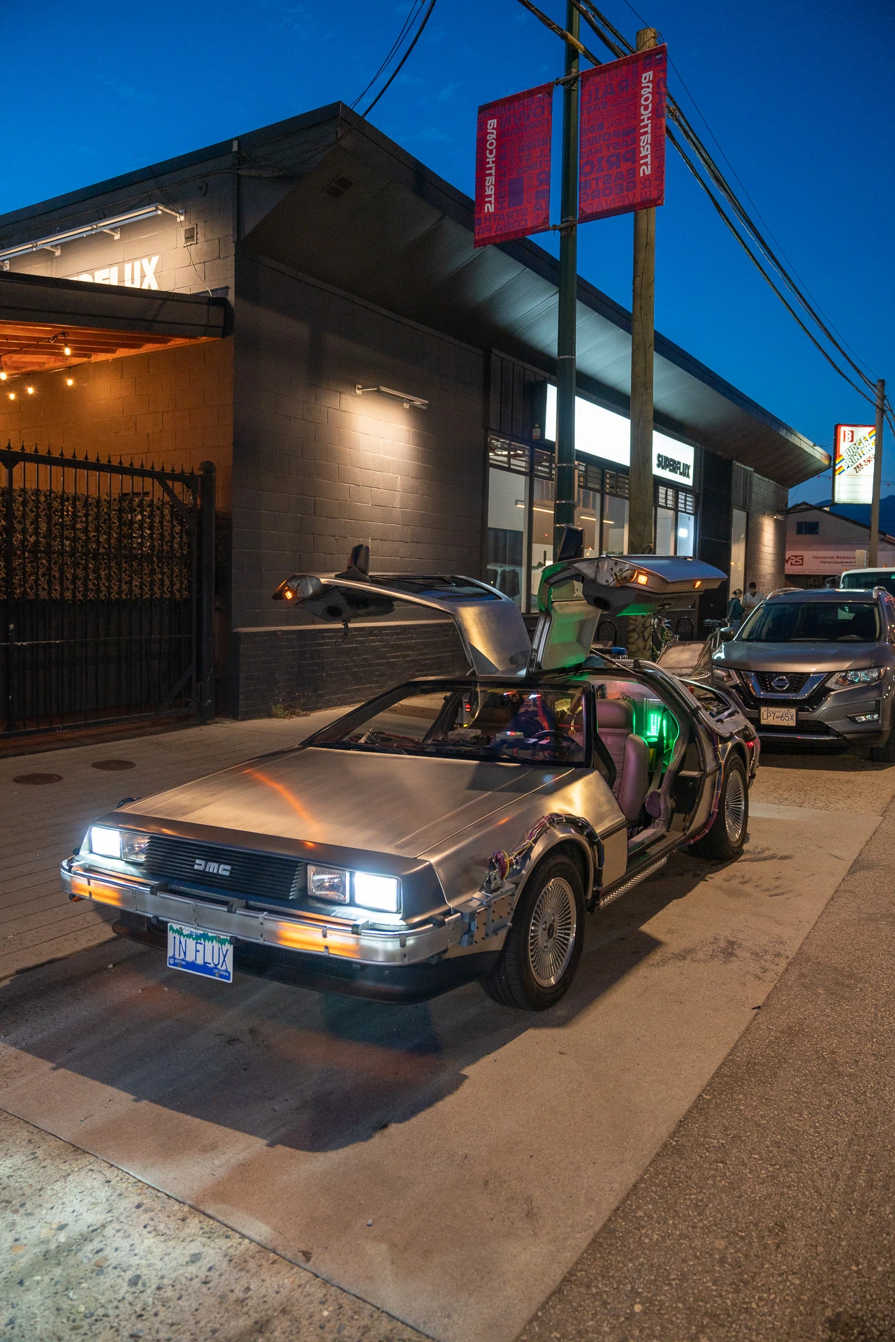 DeLorean 'Time Machine' replica parked at Superflux Beer, Vancouver, BC.