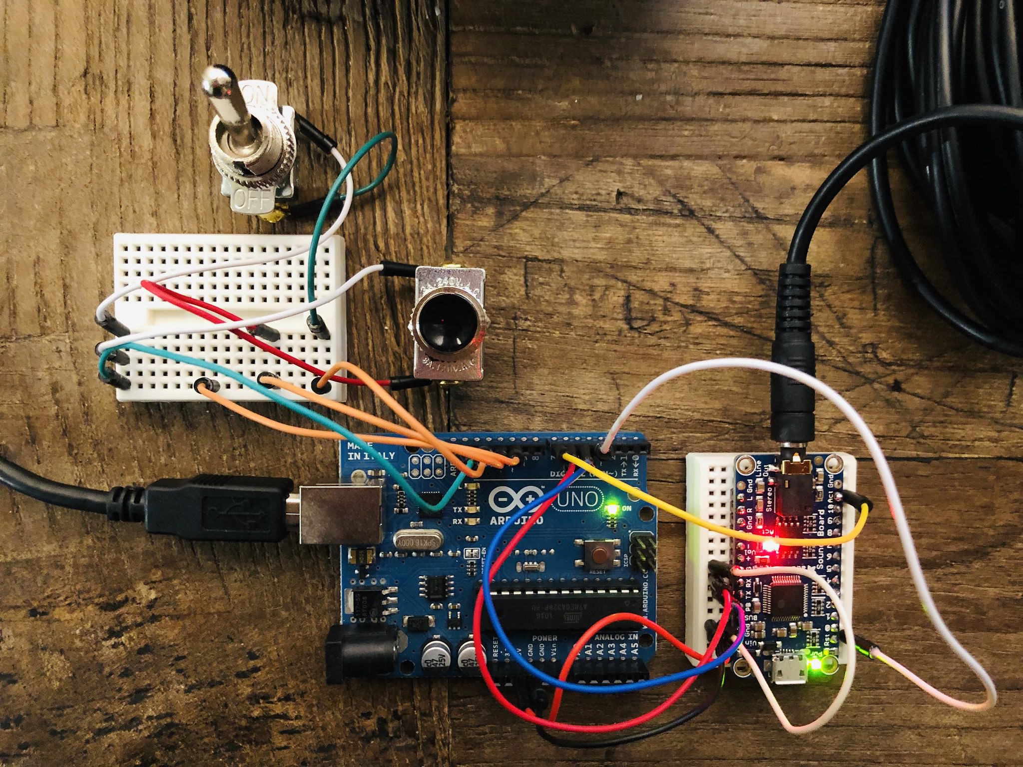 A prototype of the Arduino + Adafruit sound module I used for custom sound effects on my Proton Pack.