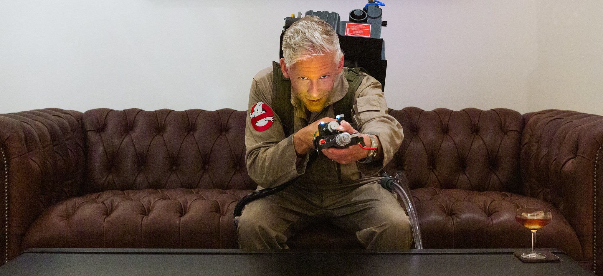 Ghostbusters outfit, nice couch, and a manhattan.