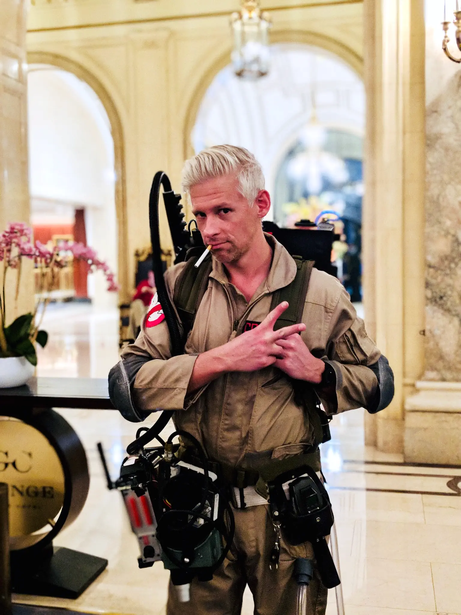 At 'The Palace' Hotel in San Francisco, in Ghostbusters outfit on Hallowe'en. I heard there was a cockroach on the 27th floor.